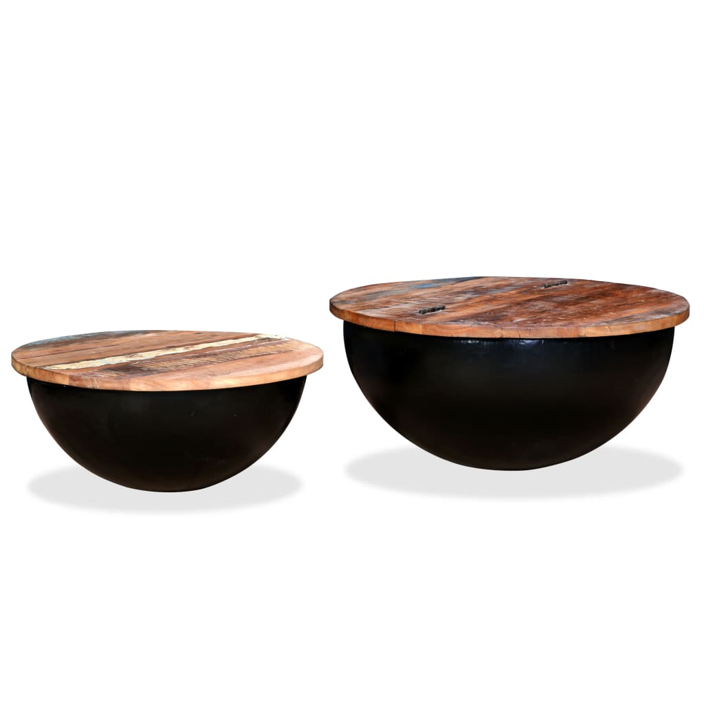 Coffee table set, 2 pieces, black, solid recycled wood bowl shape