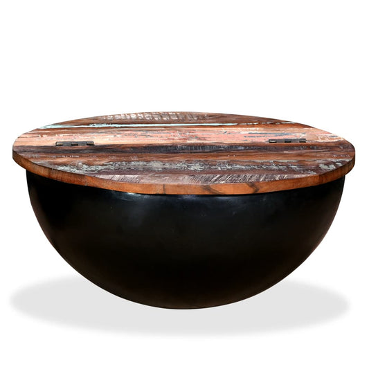 Coffee table, black, solid recycled wood, bowl shape