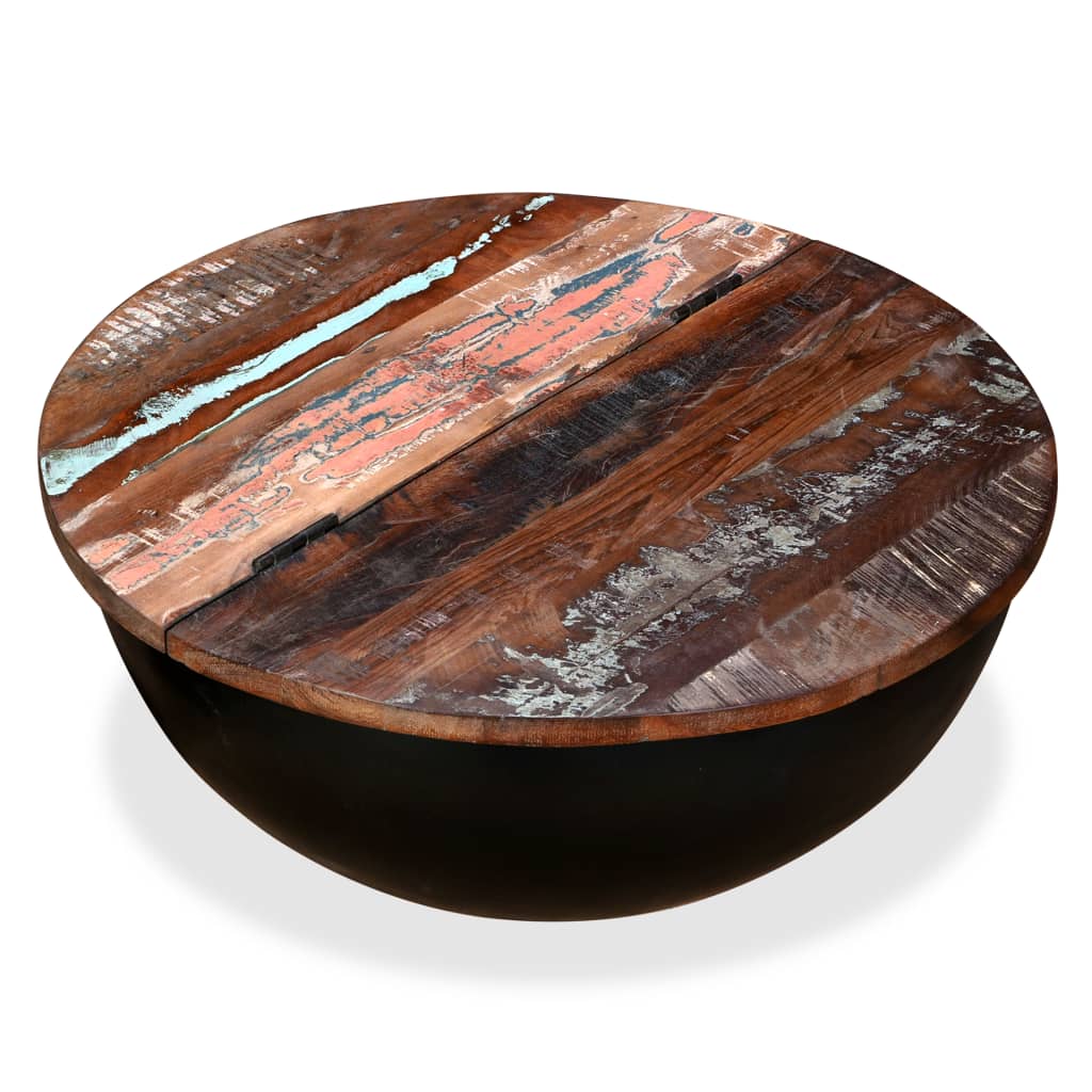 Coffee table, black, solid recycled wood, bowl shape