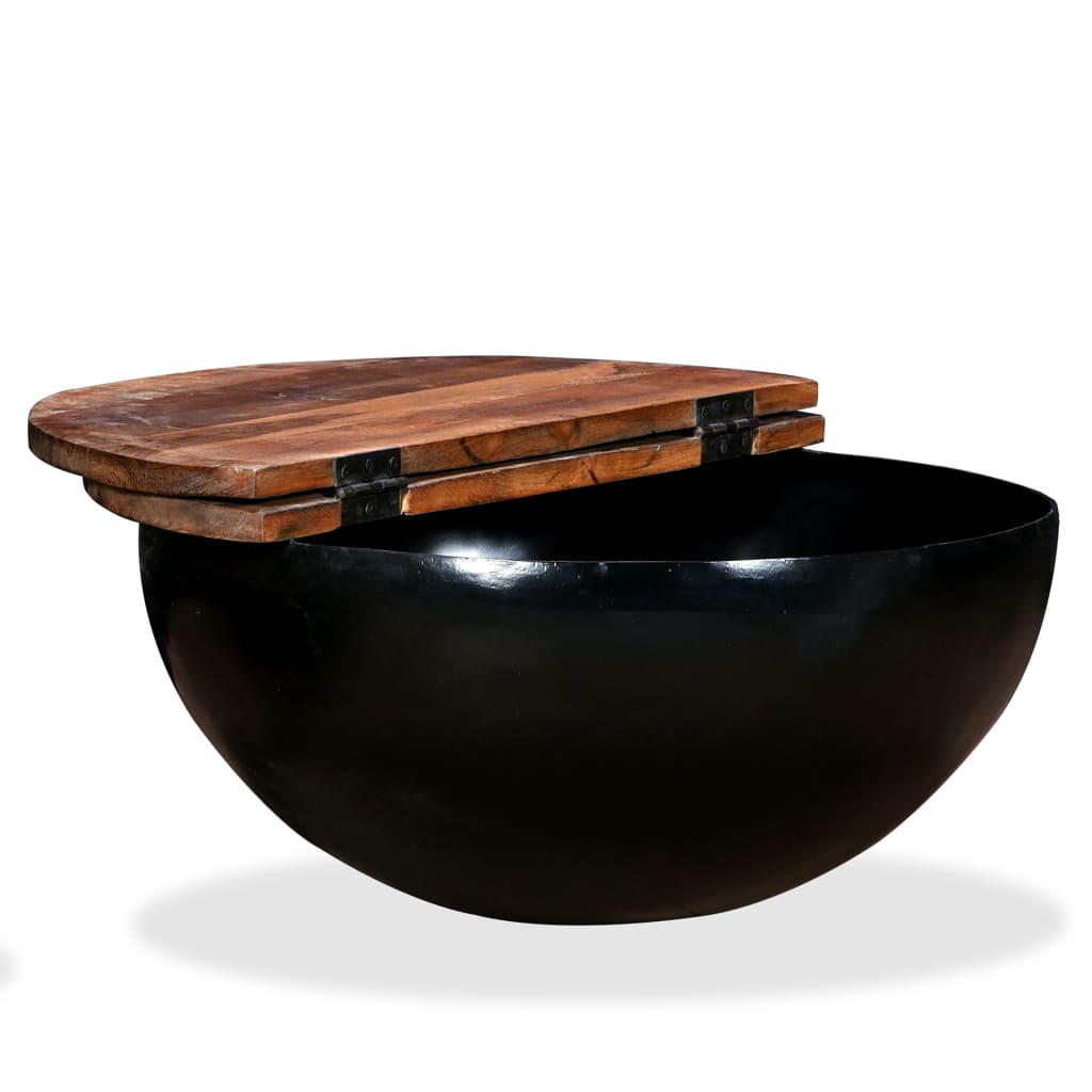 Coffee table, black, solid recycled wood, bowl shape