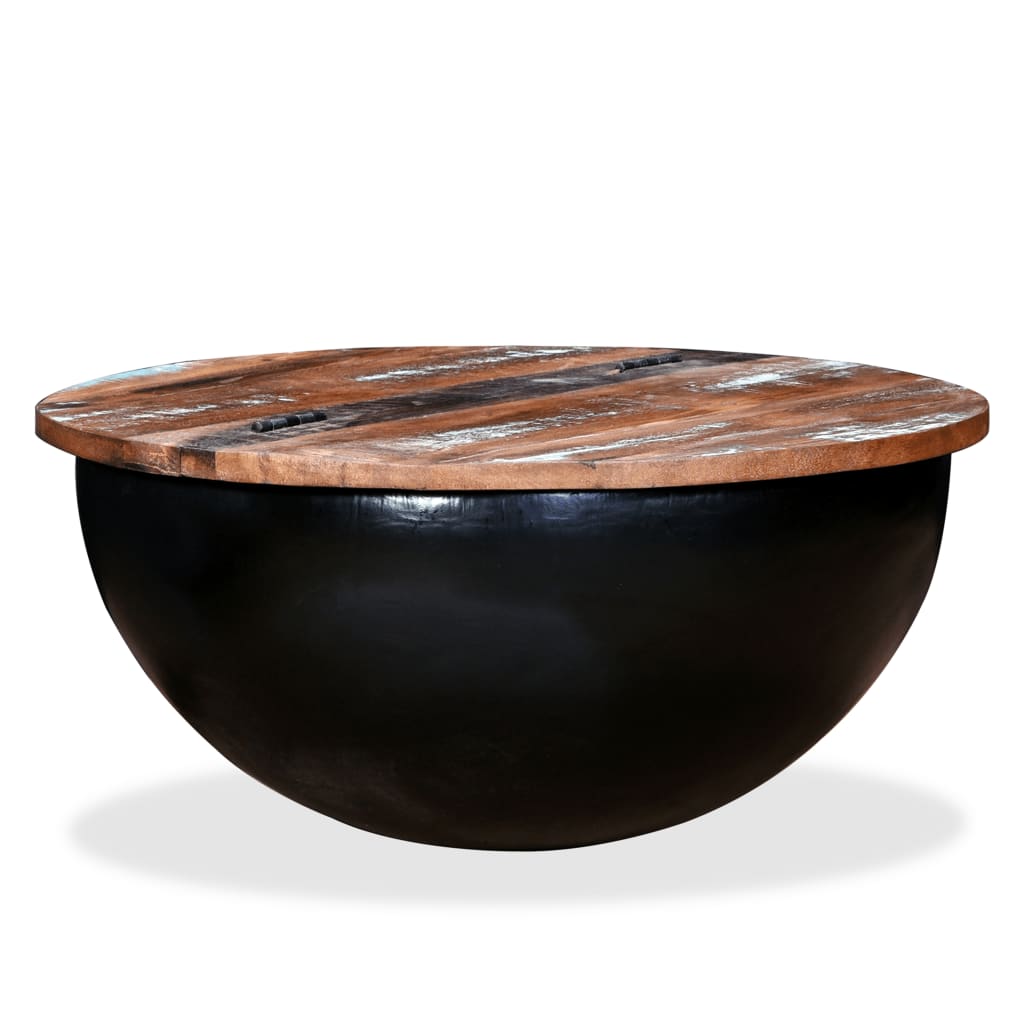 Coffee table, black, solid recycled wood, bowl shape