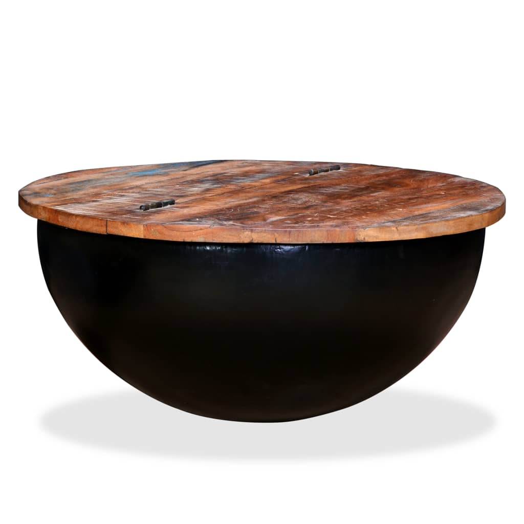 Coffee table, black, solid recycled wood, bowl shape