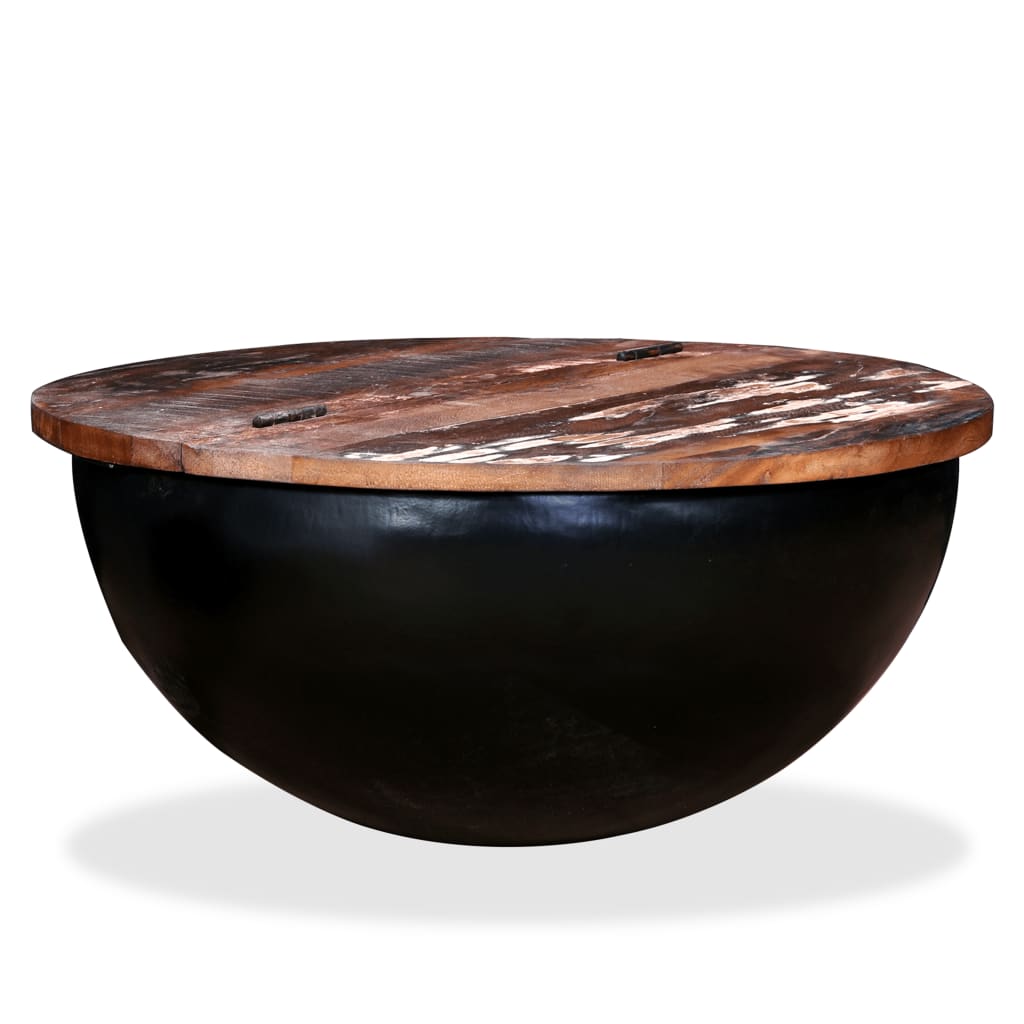 Coffee table, black, solid recycled wood, bowl shape