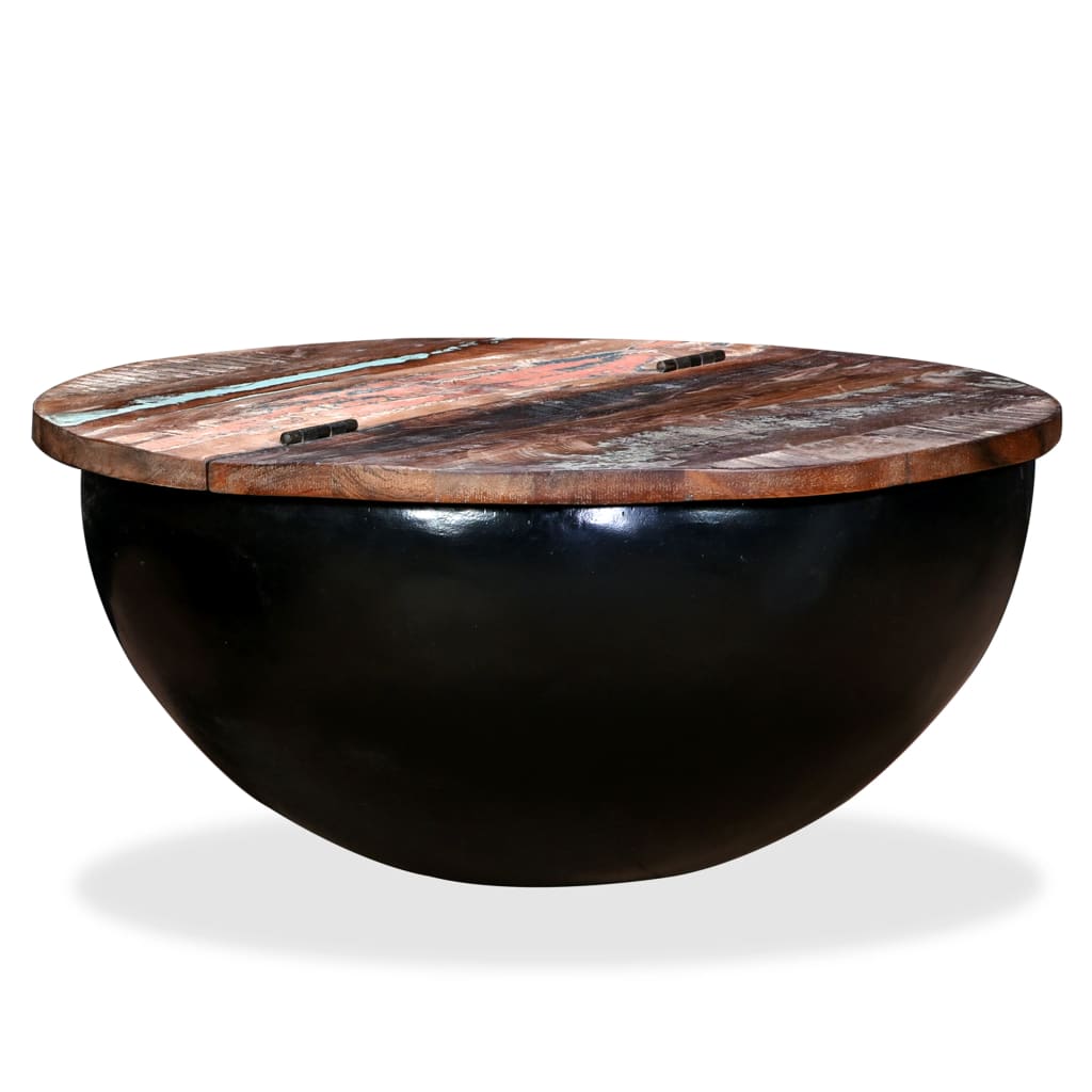 Coffee table, black, solid recycled wood, bowl shape