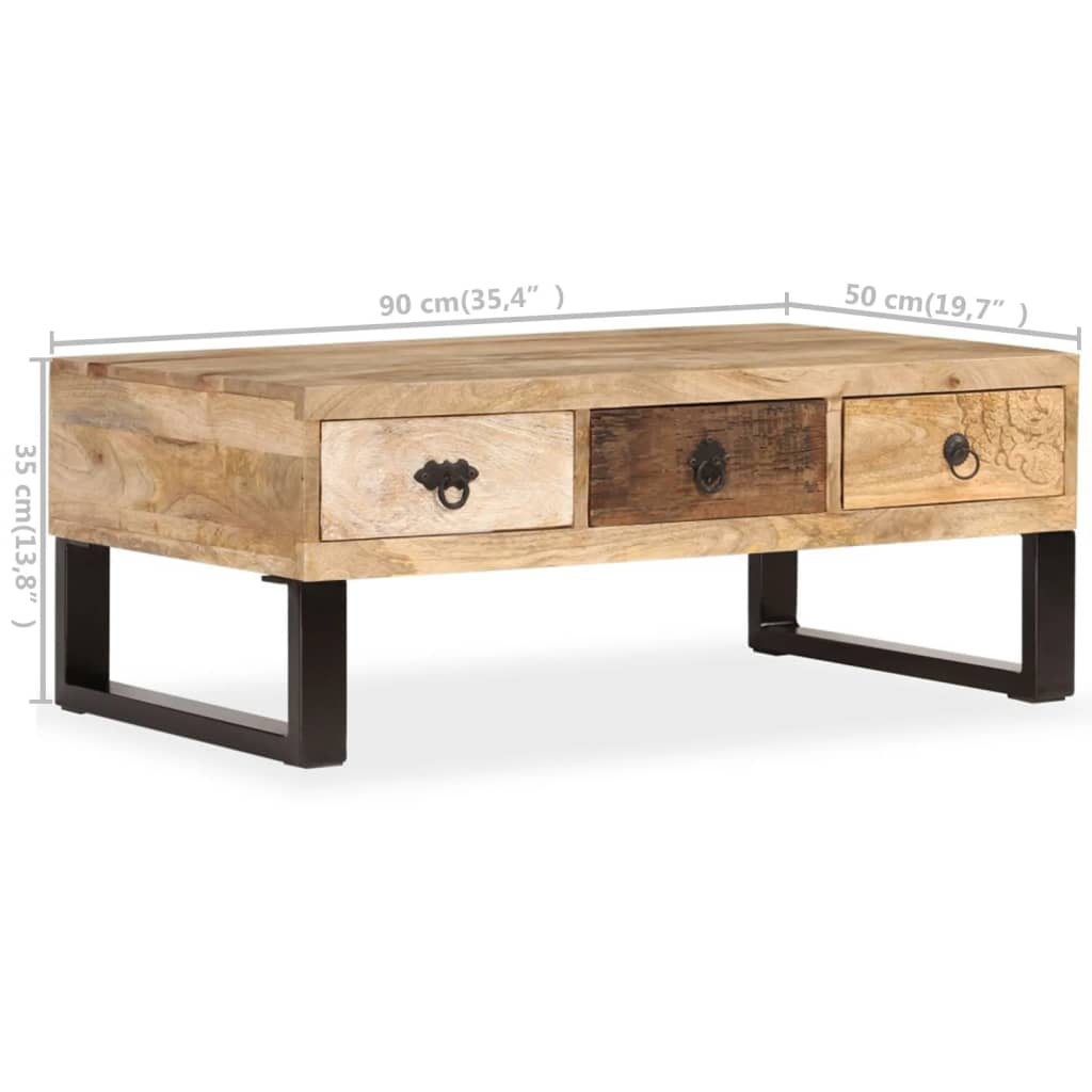 Coffee table with 3 drawers, solid mango wood, 90x50x35 cm