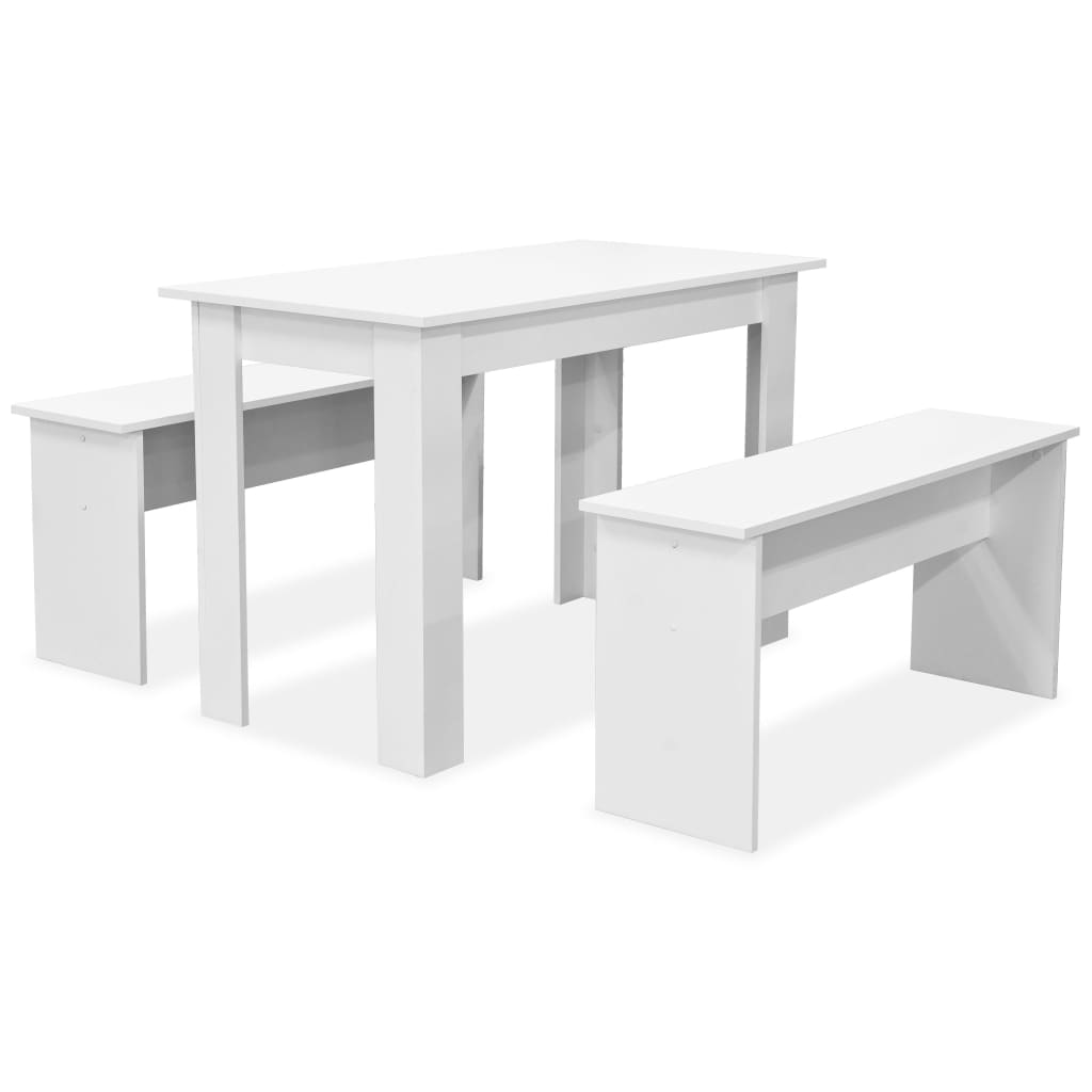 Kitchen table and benches, 3 pieces, chipboard, white