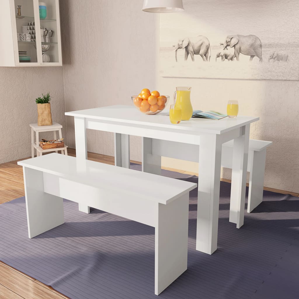 Kitchen table and benches, 3 pieces, chipboard, white