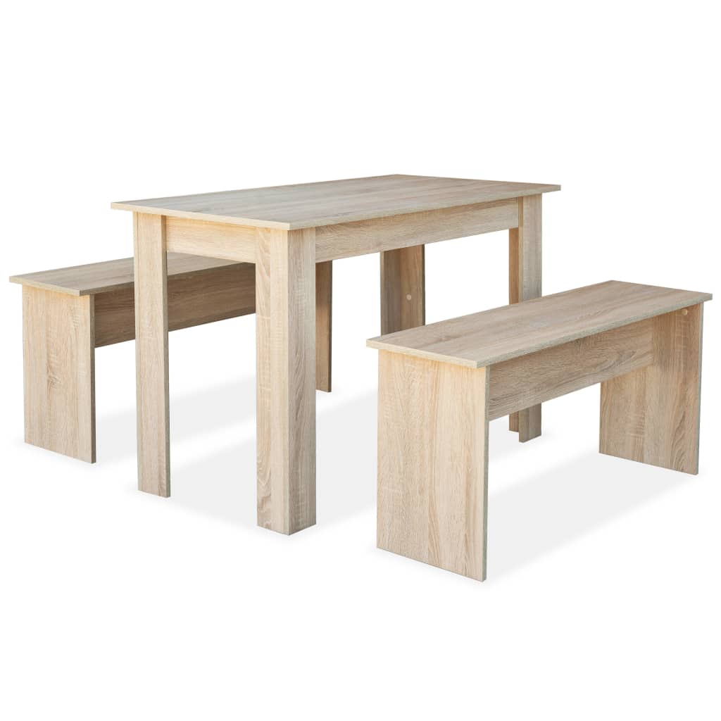 Kitchen table and benches, 3 pieces, chipboard, oak color