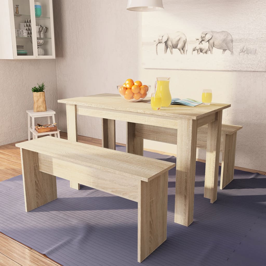 Kitchen table and benches, 3 pieces, chipboard, oak color