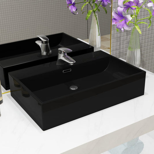 Ceramic basin with tap hole, 60.5x42.5x14.5 cm, black