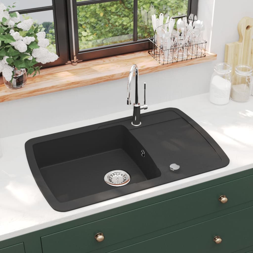 Granite kitchen sink with one bowl, black