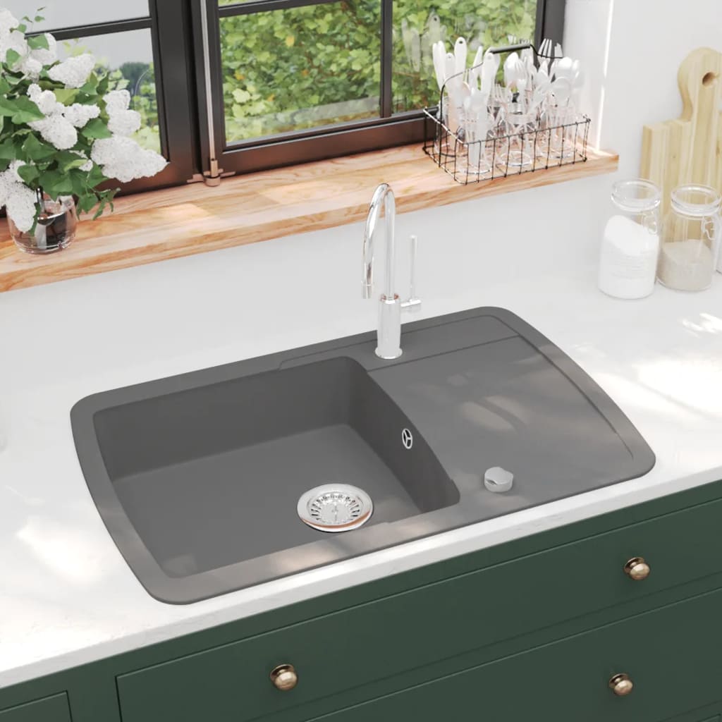 Granite kitchen sink with one bowl, gray