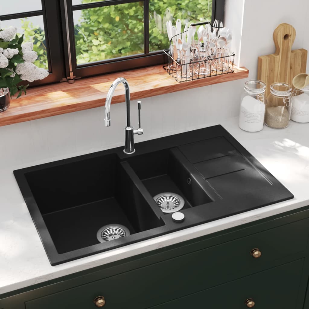 Double-bowl granite kitchen sink, black