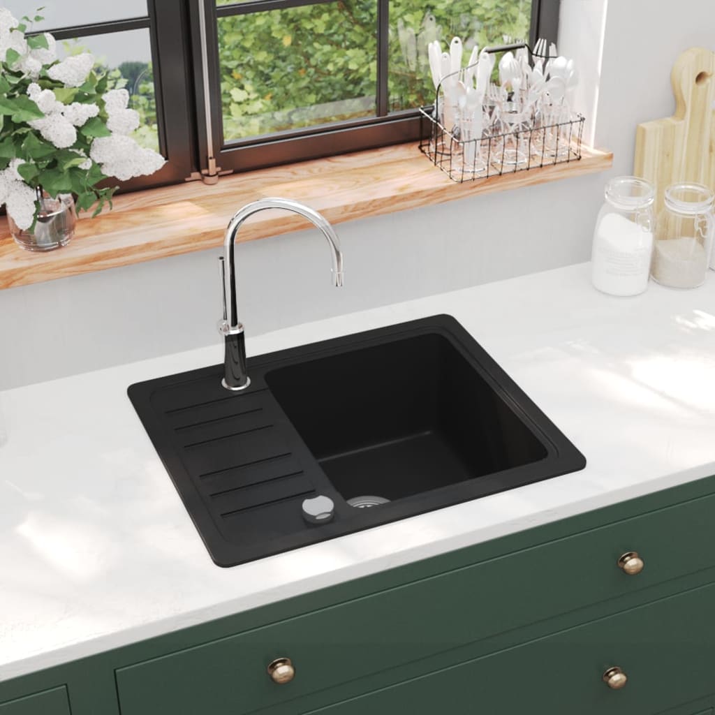 Granite kitchen sink with one bowl, black