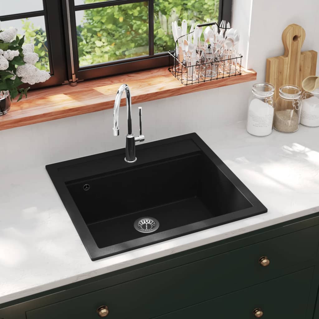 Granite kitchen sink with one bowl, black