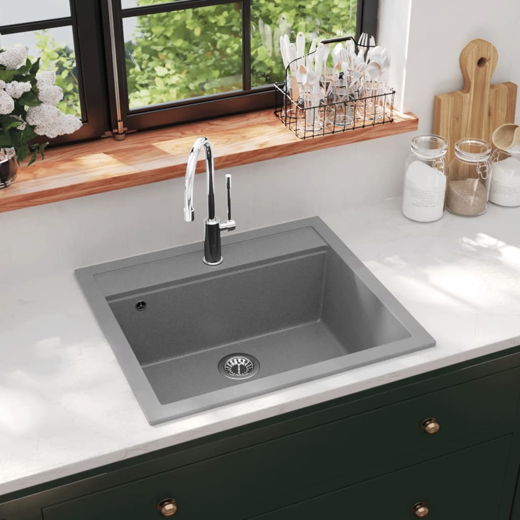 Granite kitchen sink with one bowl, gray