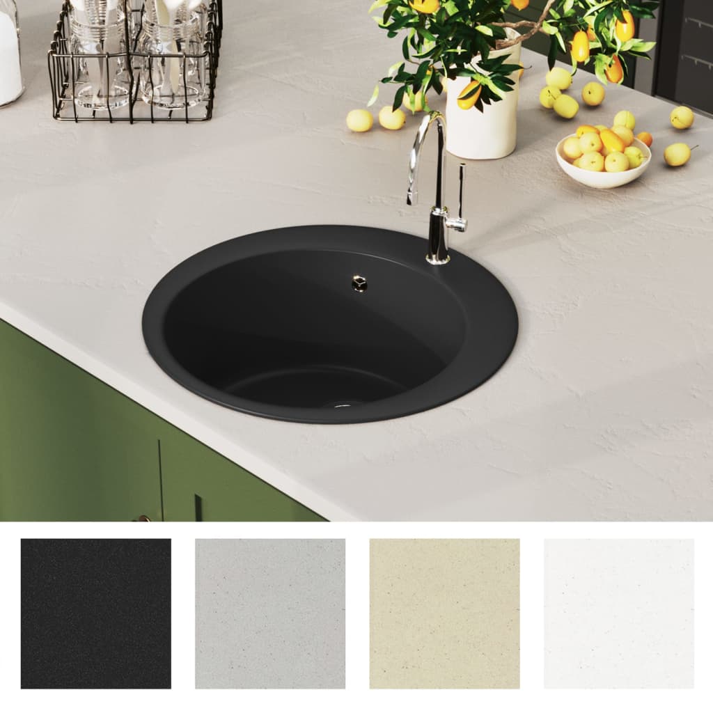 Granite kitchen sink with one bowl, black, round