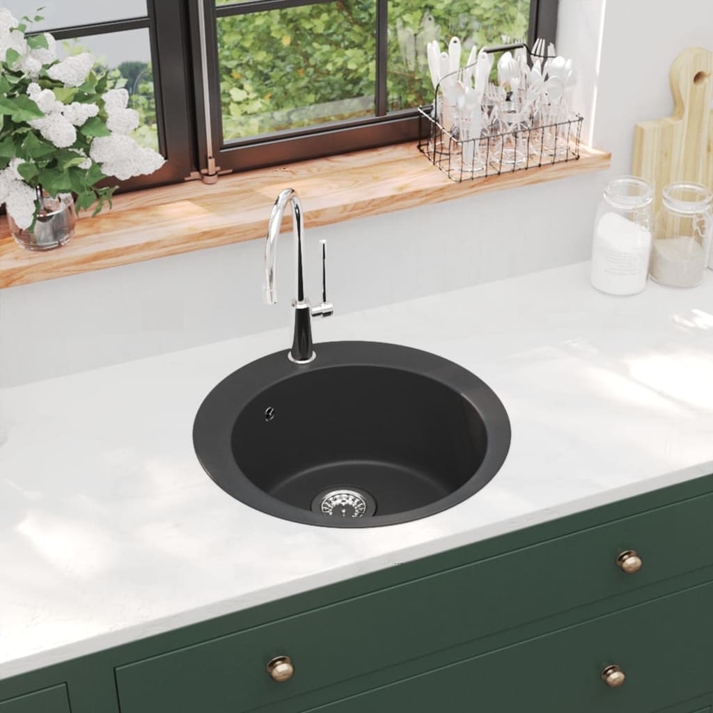 Granite kitchen sink with one bowl, black, round