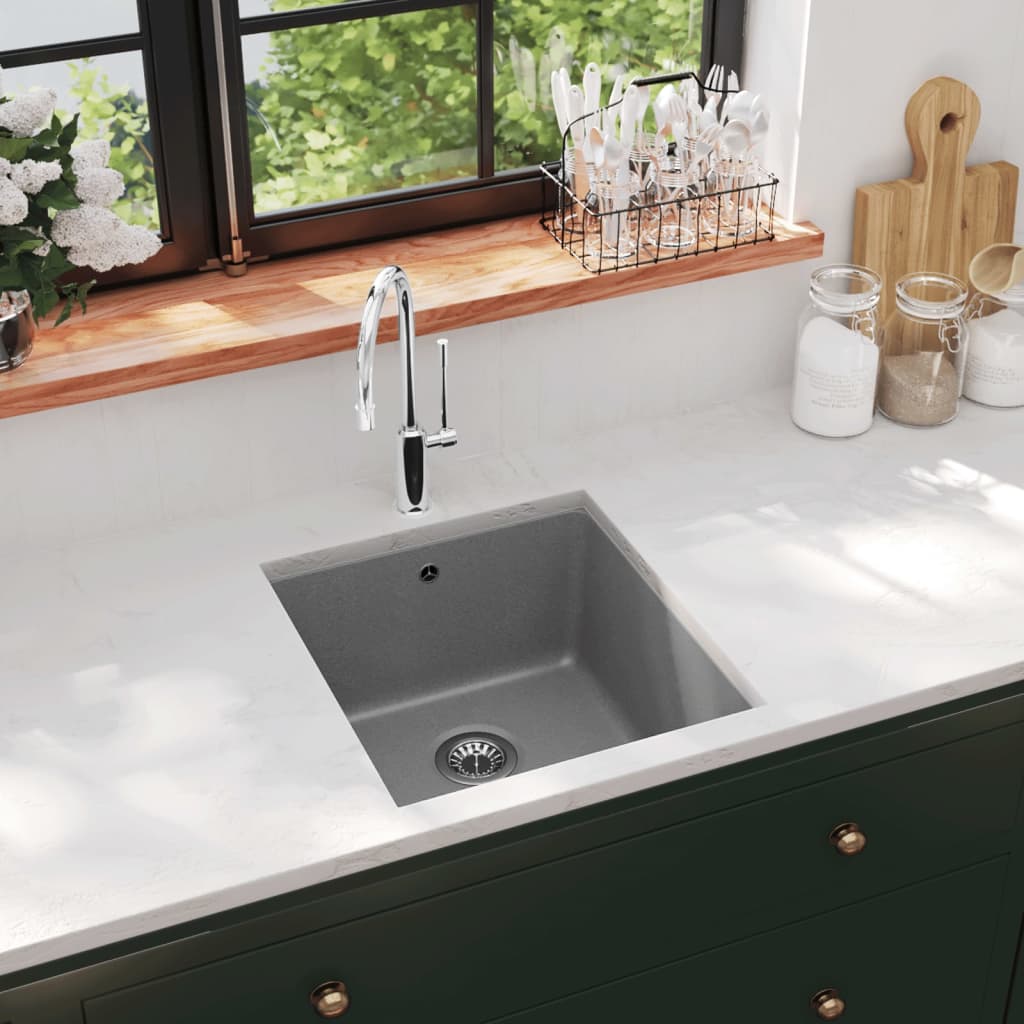 Granite kitchen sink with one bowl, gray