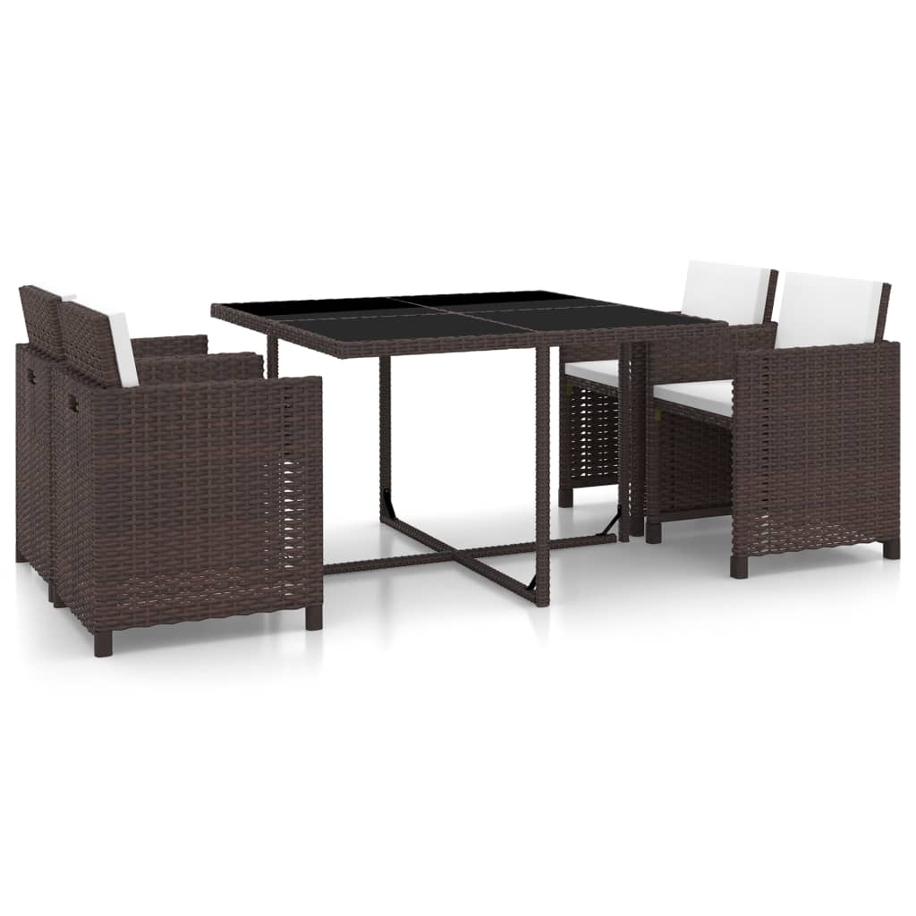 Outdoor furniture set with cushions, 5 pieces, brown, polyrattan