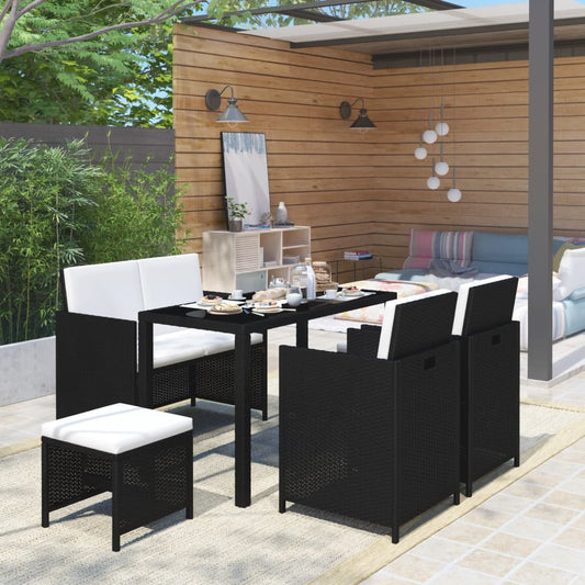 6-piece outdoor furniture set with cushions, black, polyrattan