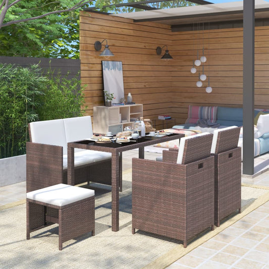 Outdoor furniture set with cushions, 6 pieces, brown, polyrattan