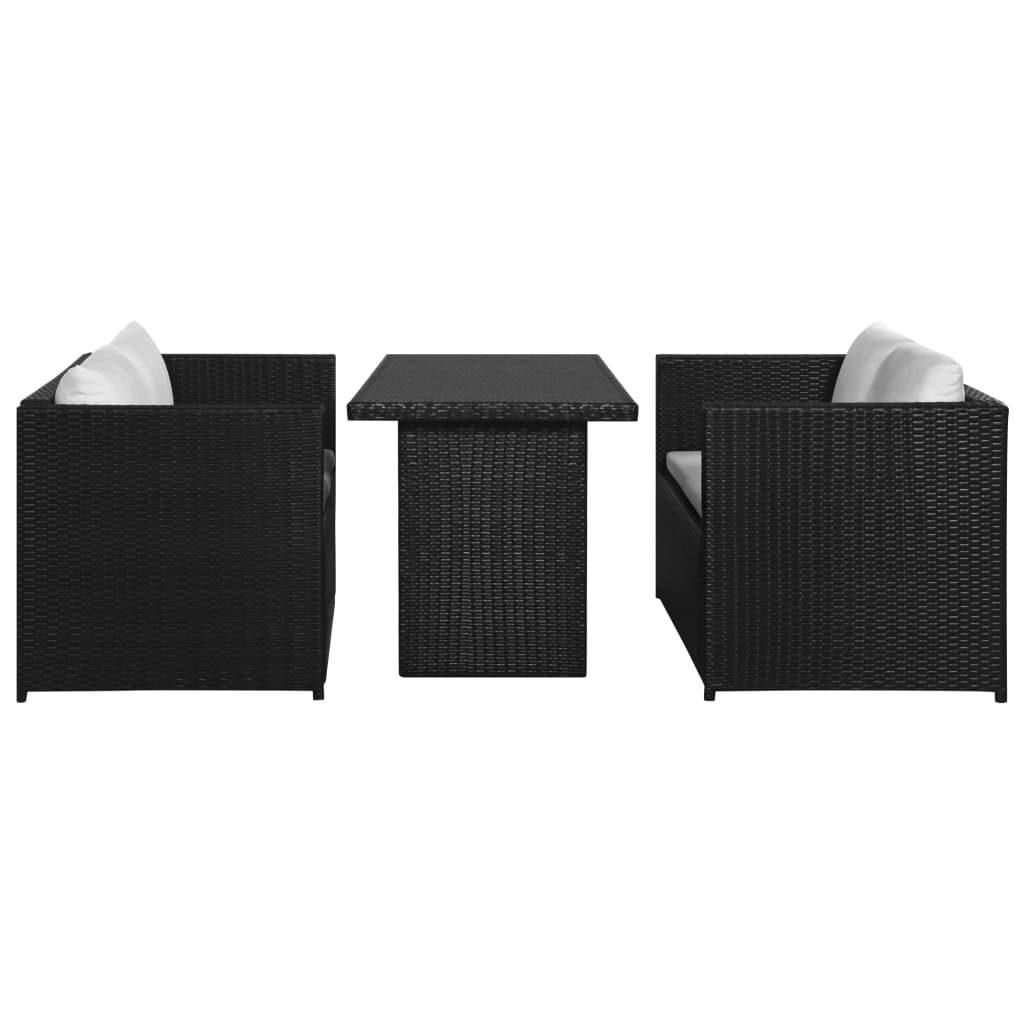 Garden furniture set with cushions, 3 pieces, black, polyrattan