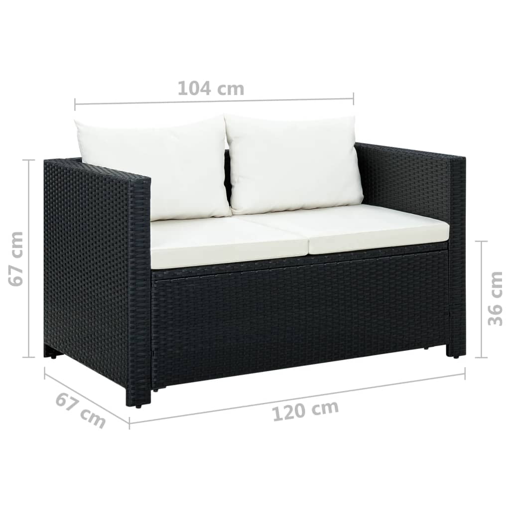 Set mobilier de grădină cu perne, 3 piese, negru, poliratan