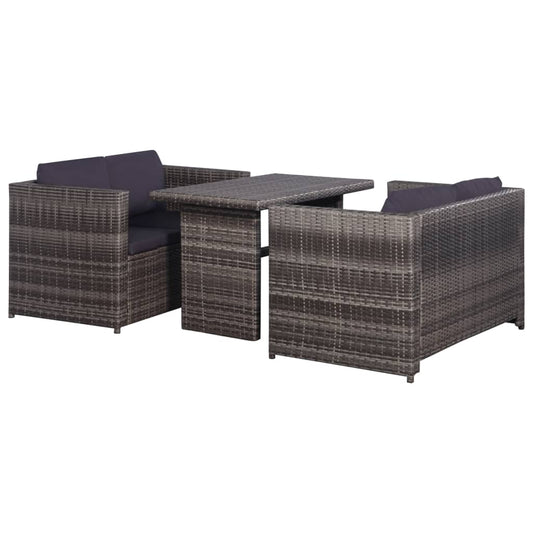 Set mobilier bistro cu perne, 3 piese, gri, poliratan