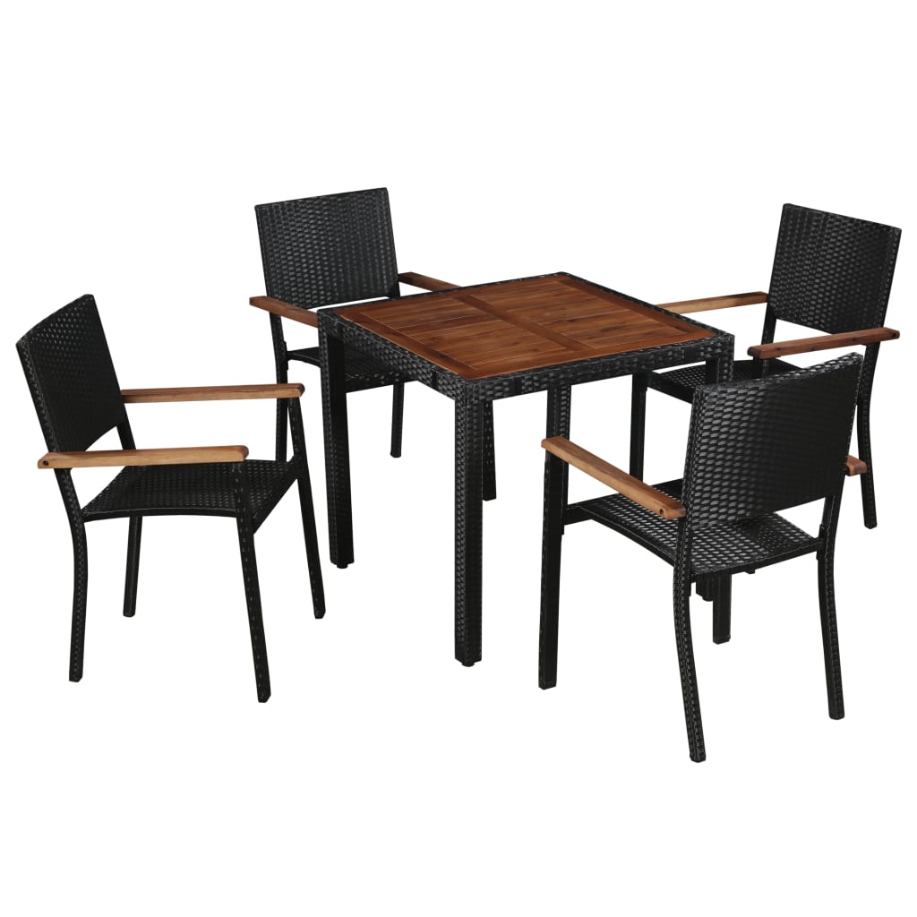 Outdoor furniture set, 5 pieces, black, polyrattan, acacia wood