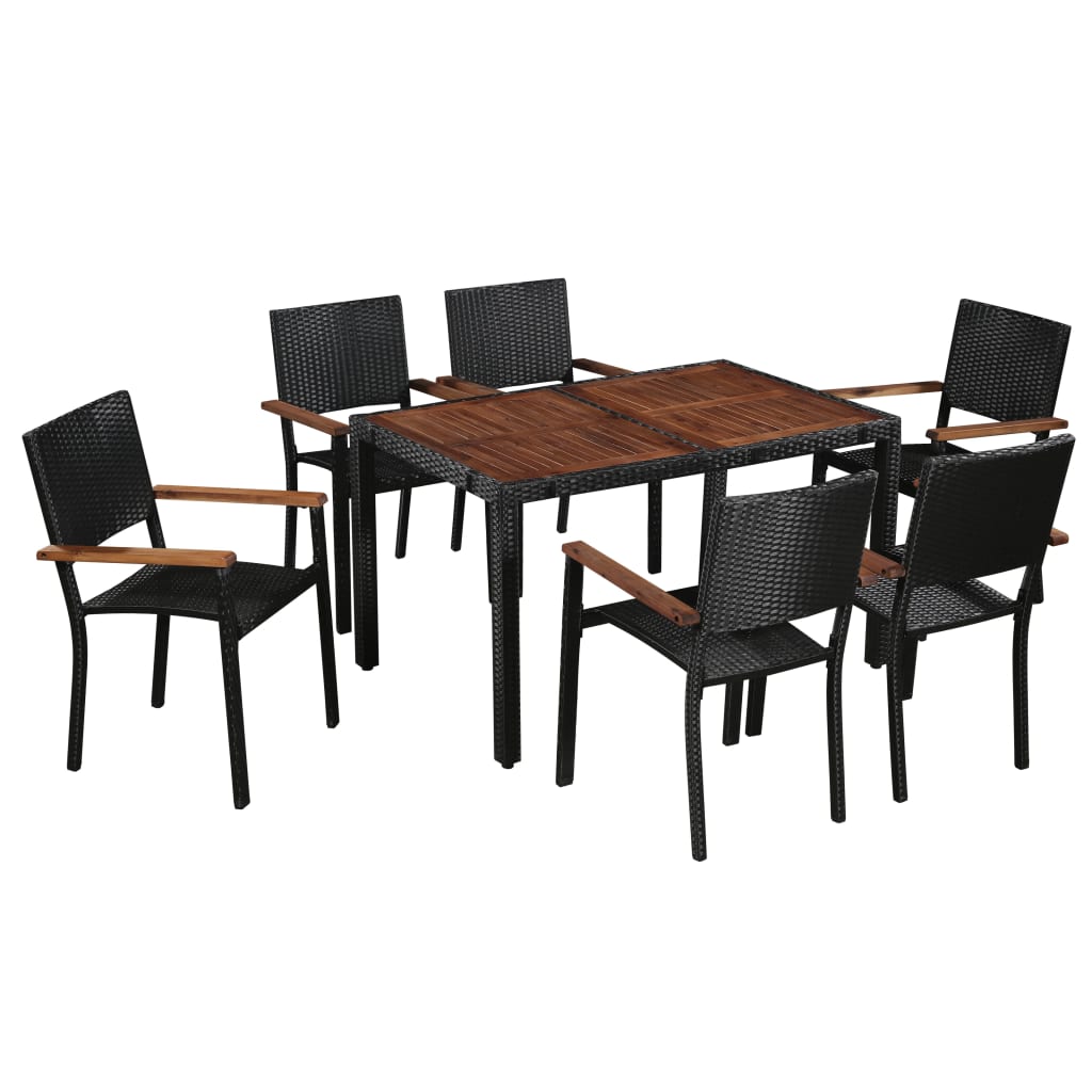 Set mobilier de exterior 7 piese negru, poliratan, lemn acacia