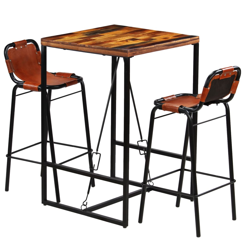 Bar set, 3 pieces, solid recycled wood &amp; natural goat leather