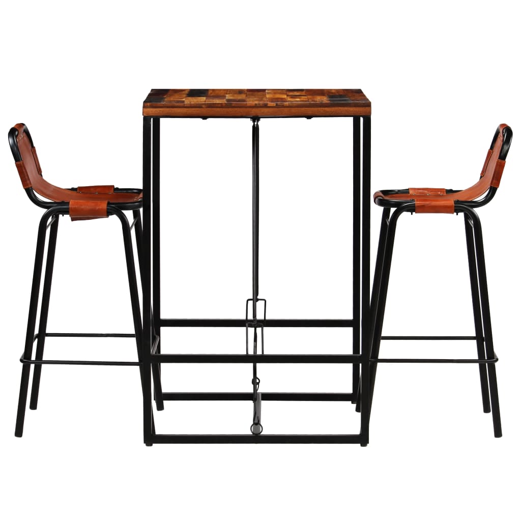 Bar set, 3 pieces, solid recycled wood &amp; natural goat leather