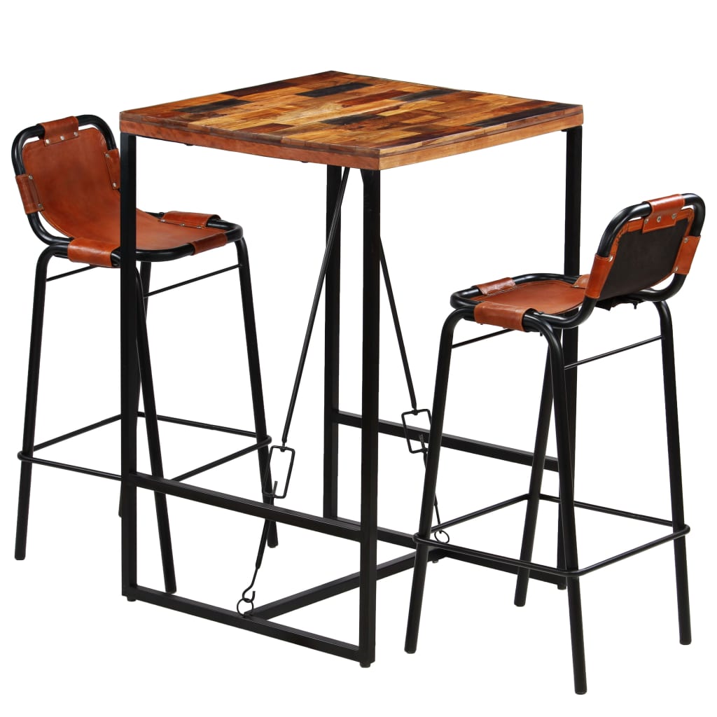 Bar set, 3 pieces, solid recycled wood &amp; natural goat leather