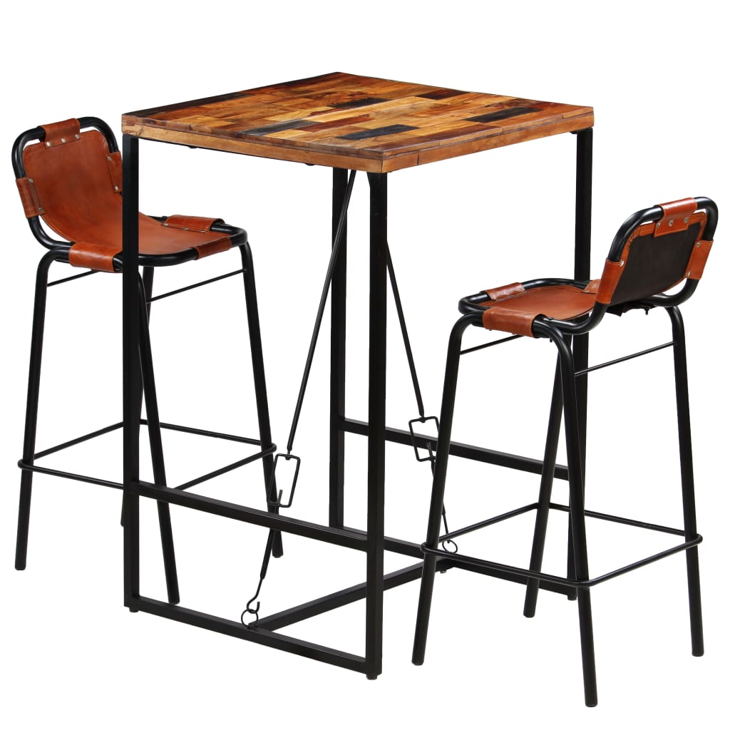 Bar set, 3 pieces, solid recycled wood &amp; natural goat leather