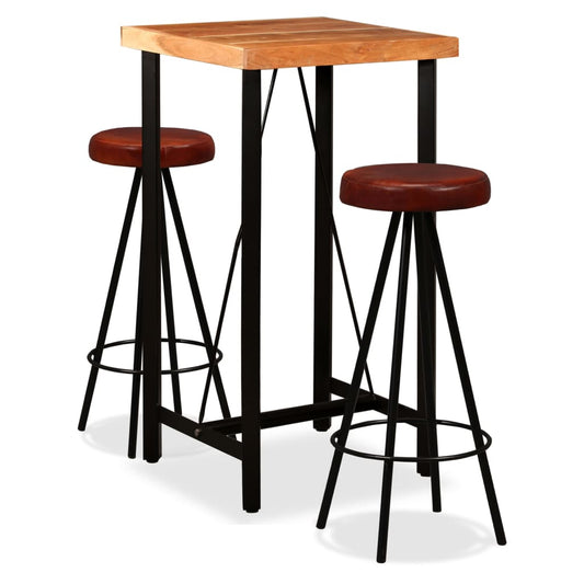 3-piece bar furniture set, solid acacia wood &amp; natural leather