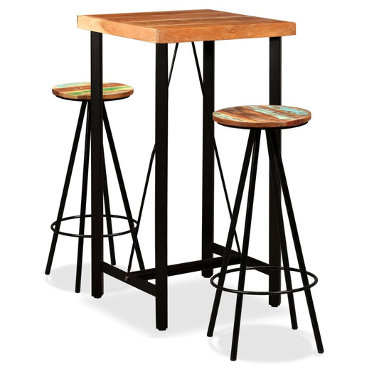 Bar set, 3 pieces, solid acacia wood and recycled wood