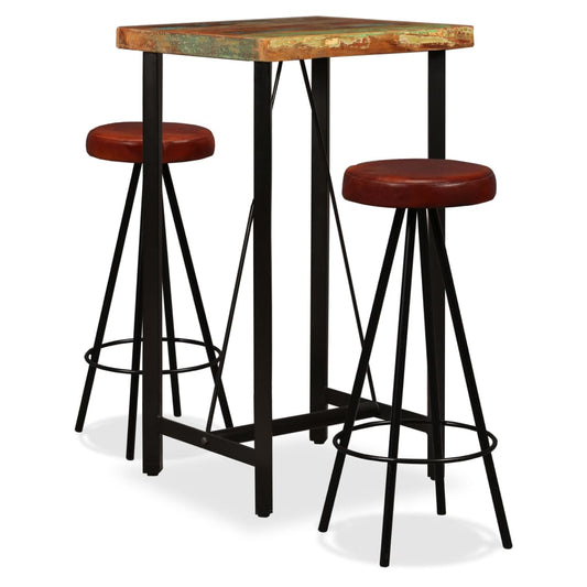 Bar furniture set, 3 pieces, solid recycled wood and natural leather