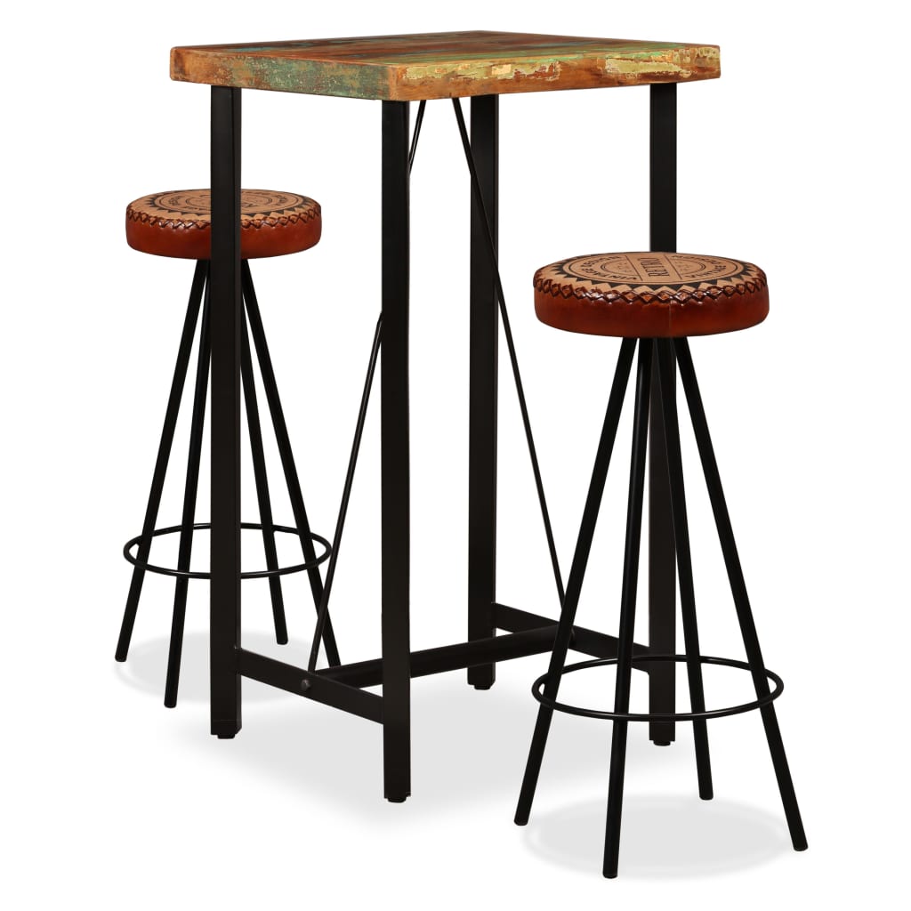 3-piece bar furniture, solid recycled wood, natural leather, fabric