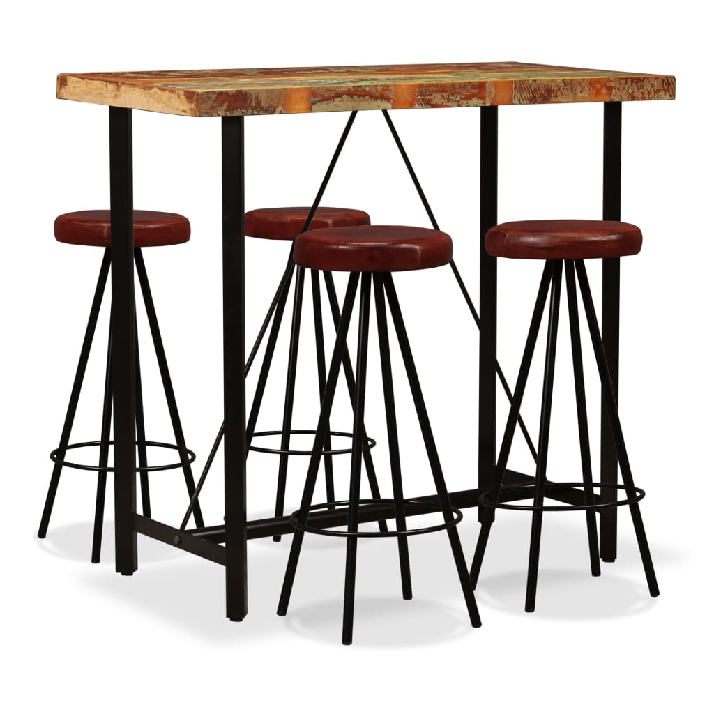 Bar furniture set, 5 pieces, solid recycled wood and natural leather