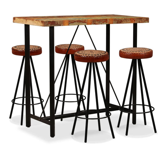 5-piece bar set made of solid recycled wood, natural leather and canvas