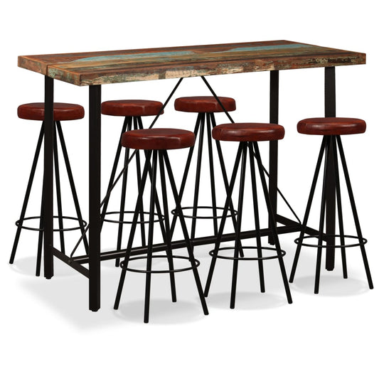 Bar furniture set, 7 pieces, solid recycled wood and natural leather