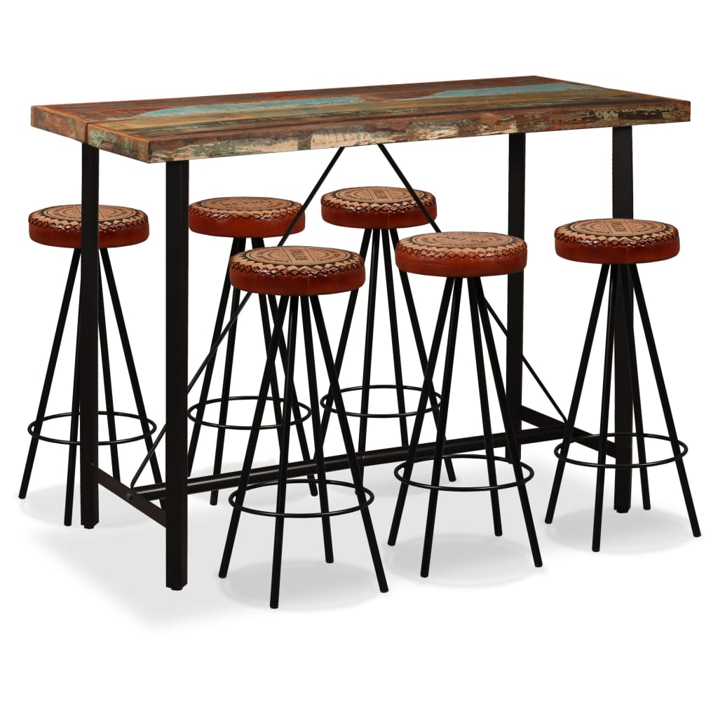 Bar set, 7 pieces, solid recycled wood, natural leather and canvas