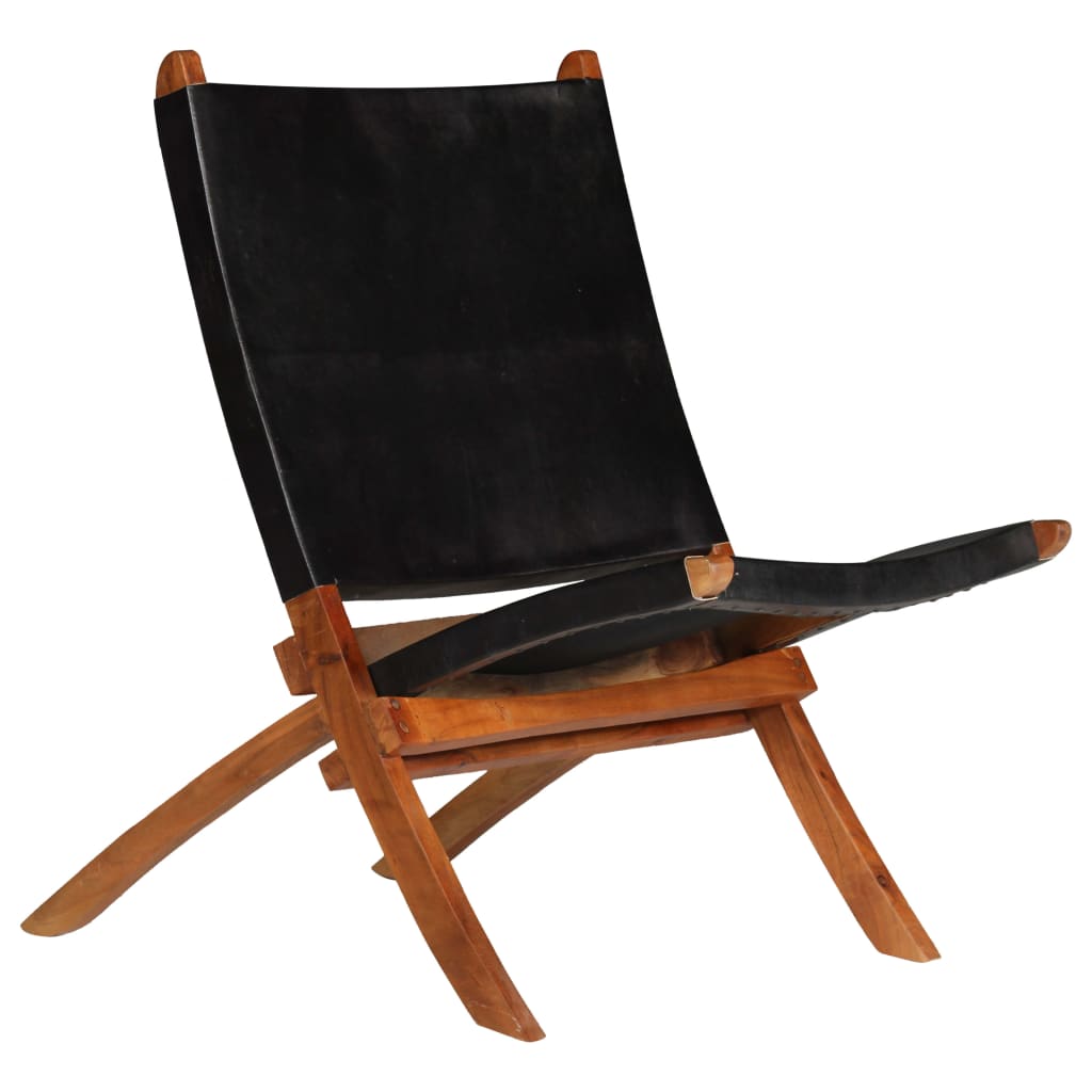 Folding relaxing chair, black, natural leather