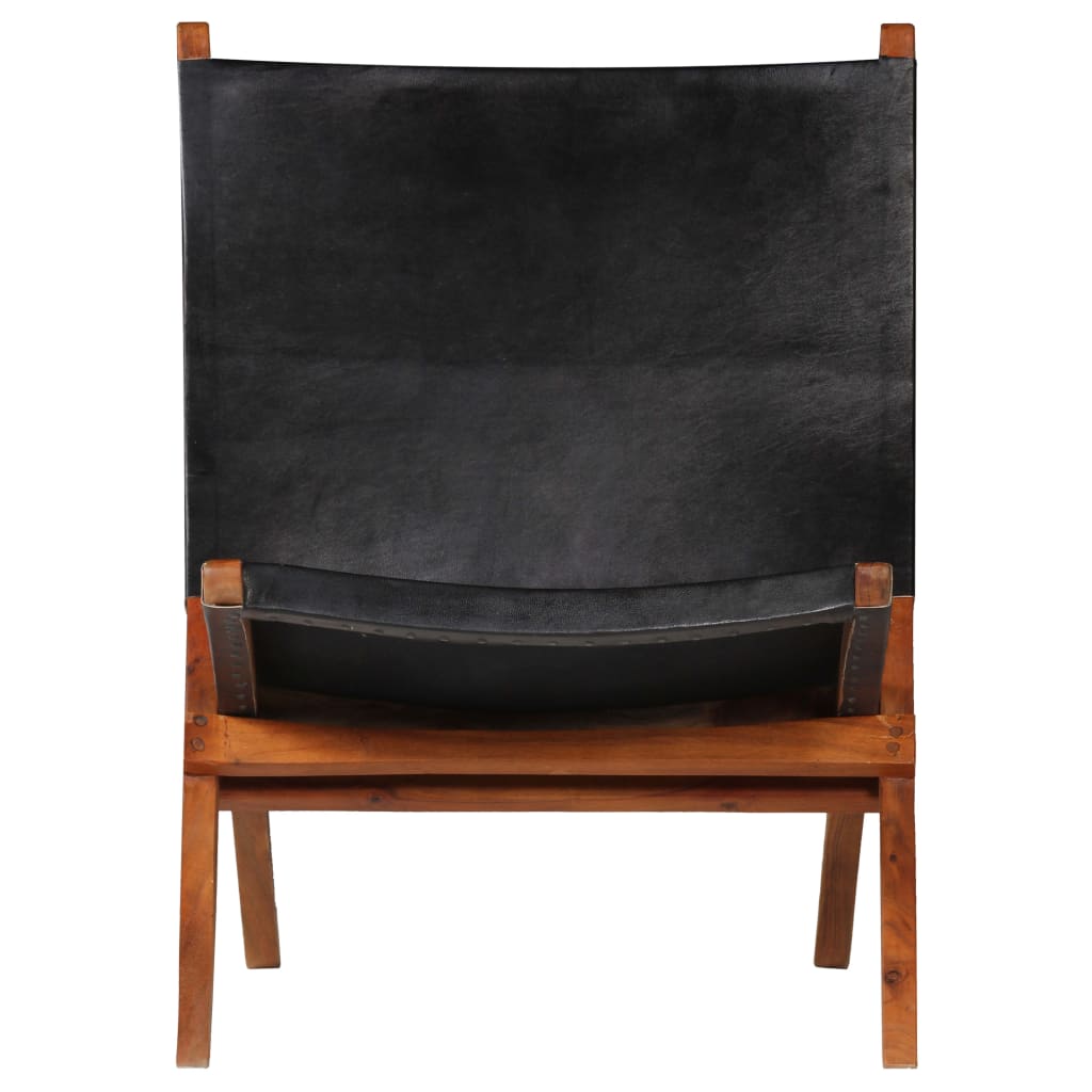 Folding relaxing chair, black, natural leather