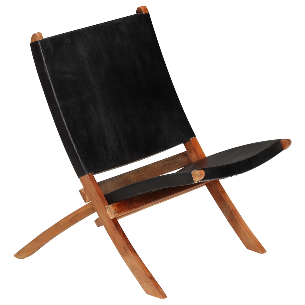 Folding relaxing chair, black, natural leather