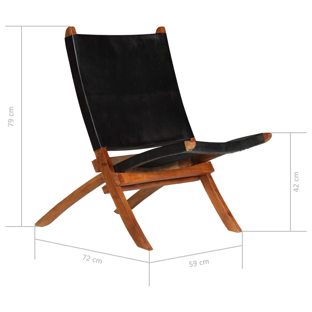 Folding relaxing chair, black, natural leather