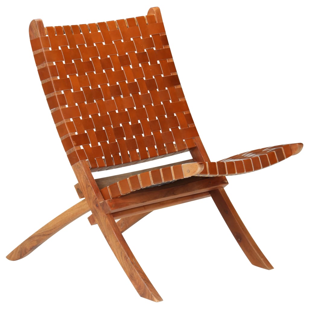 Folding wicker chair, brown, natural leather