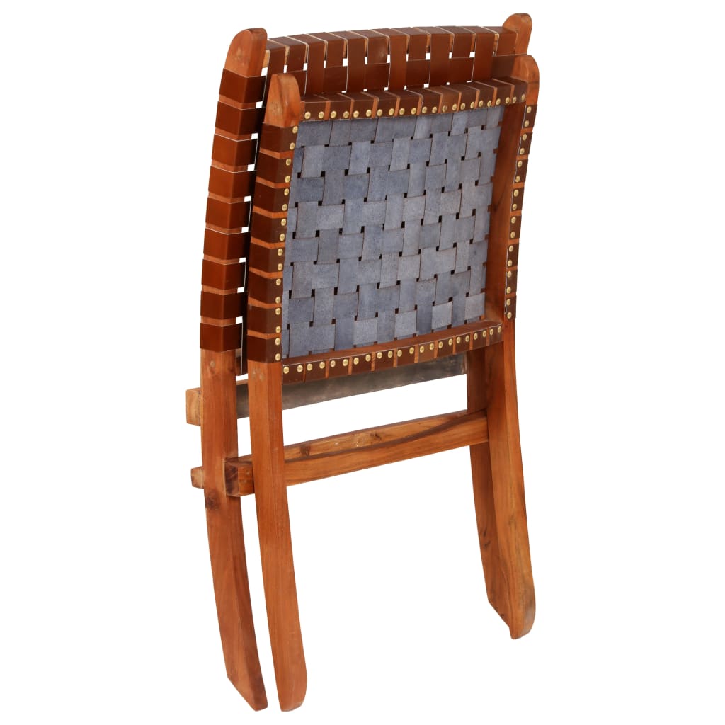 Folding wicker chair, brown, natural leather