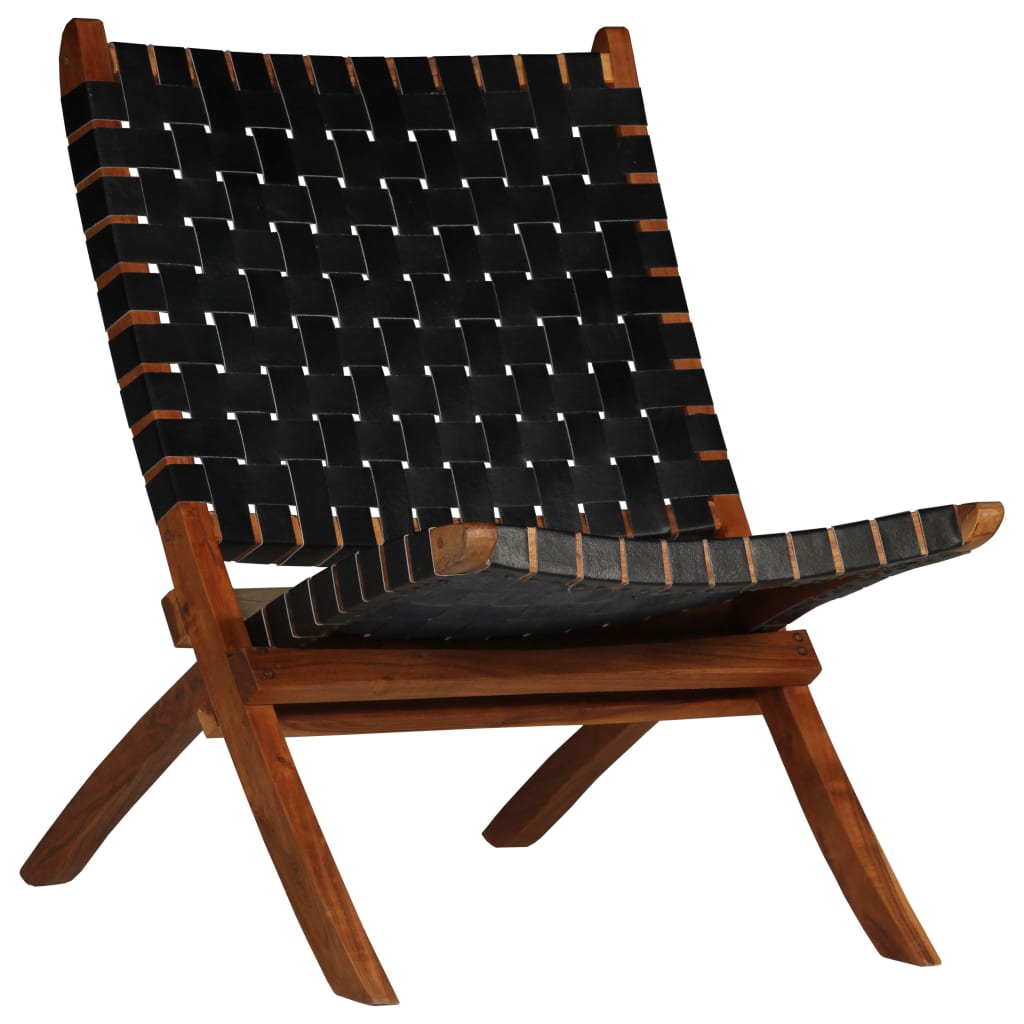 Folding wicker chair, black, genuine leather